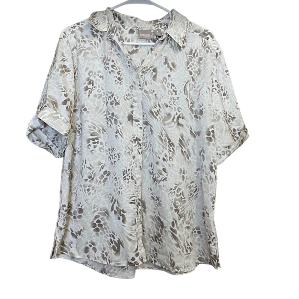 Chico's Beige White Animal Print Collar Button-Up Short Sleeve Blouse Size‎ 3